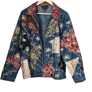 Vintage New Directions Y2K Jean Jacket XL Embroidered Floral Lace and Paisley